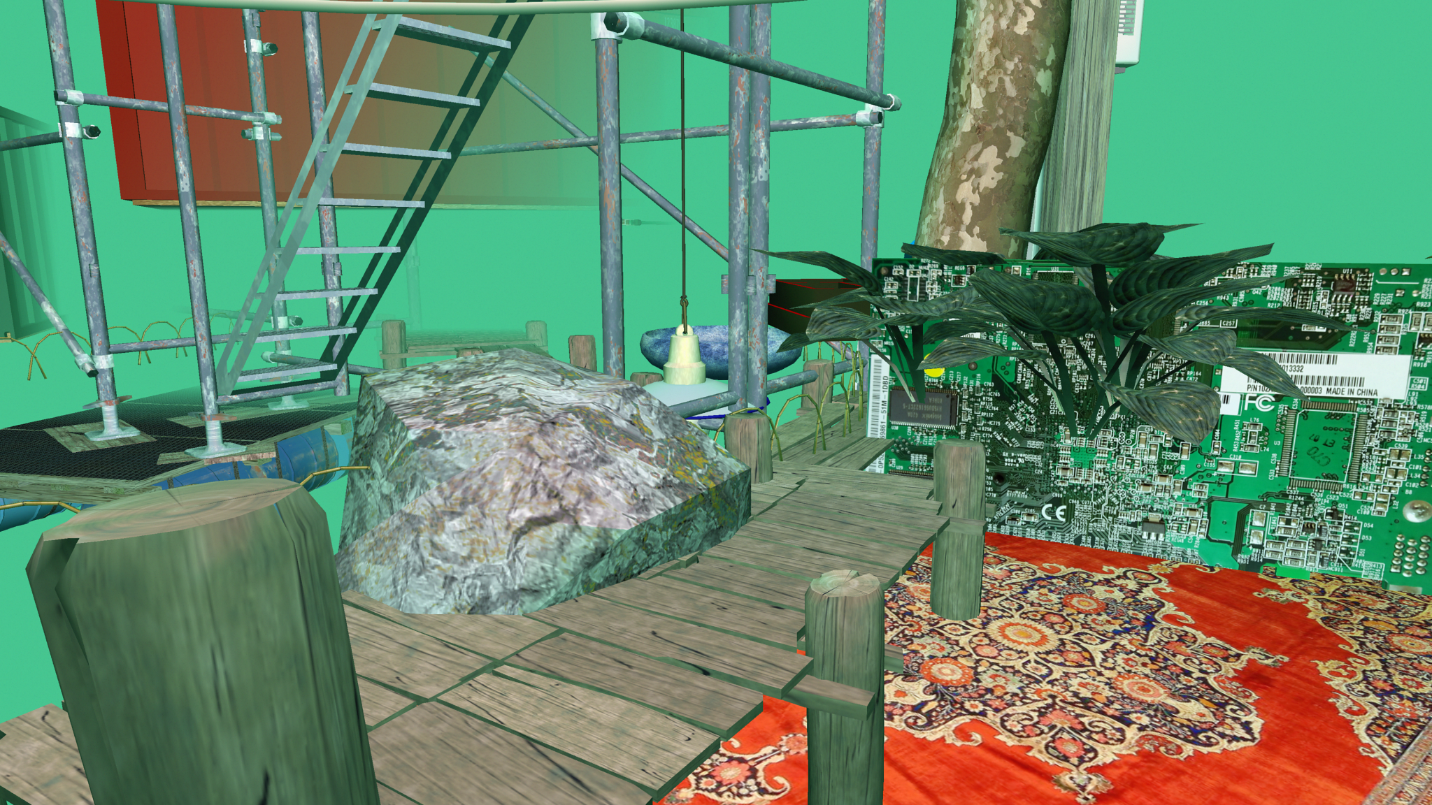 Imaginary 3D landscape with site scaffolding, Persian carpet, plants and a wooden bridge