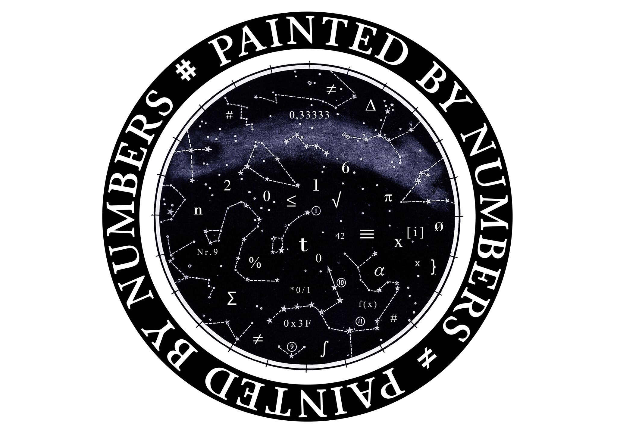 The picture shows a disc in the middle of which zodiac sign like shapes, numbers and letters in white can be seen in front of a dark background with the Milky Way. At the edge of the disc is written in a semicircle »Painted by Numbers«