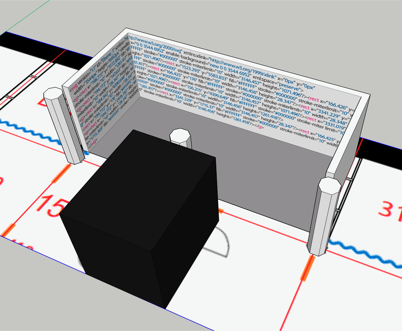 Simulation einer Installation mit Computercode an drei Stellwänden