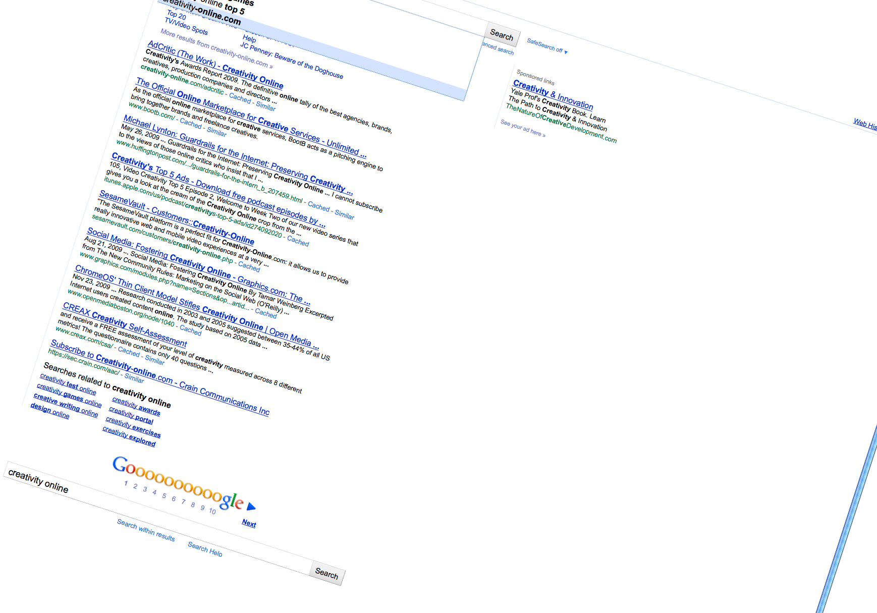 Screenshot einer verdrehten Google-Suche-Website mit der Suche »creativity online«