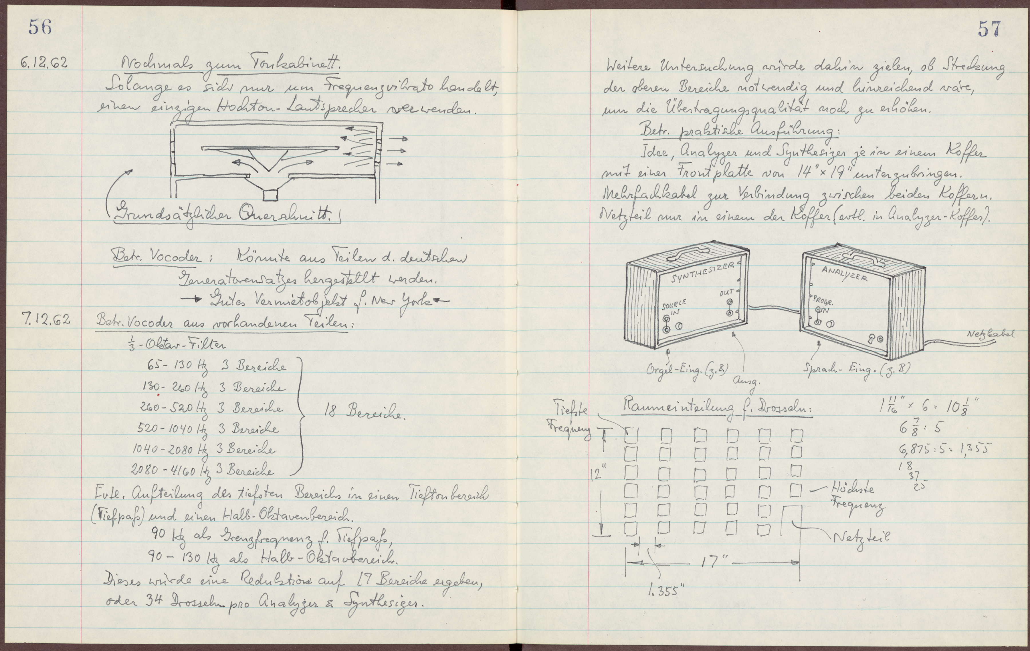 Excerpts from the notebooks of Harald Bode with sketches and drawings.