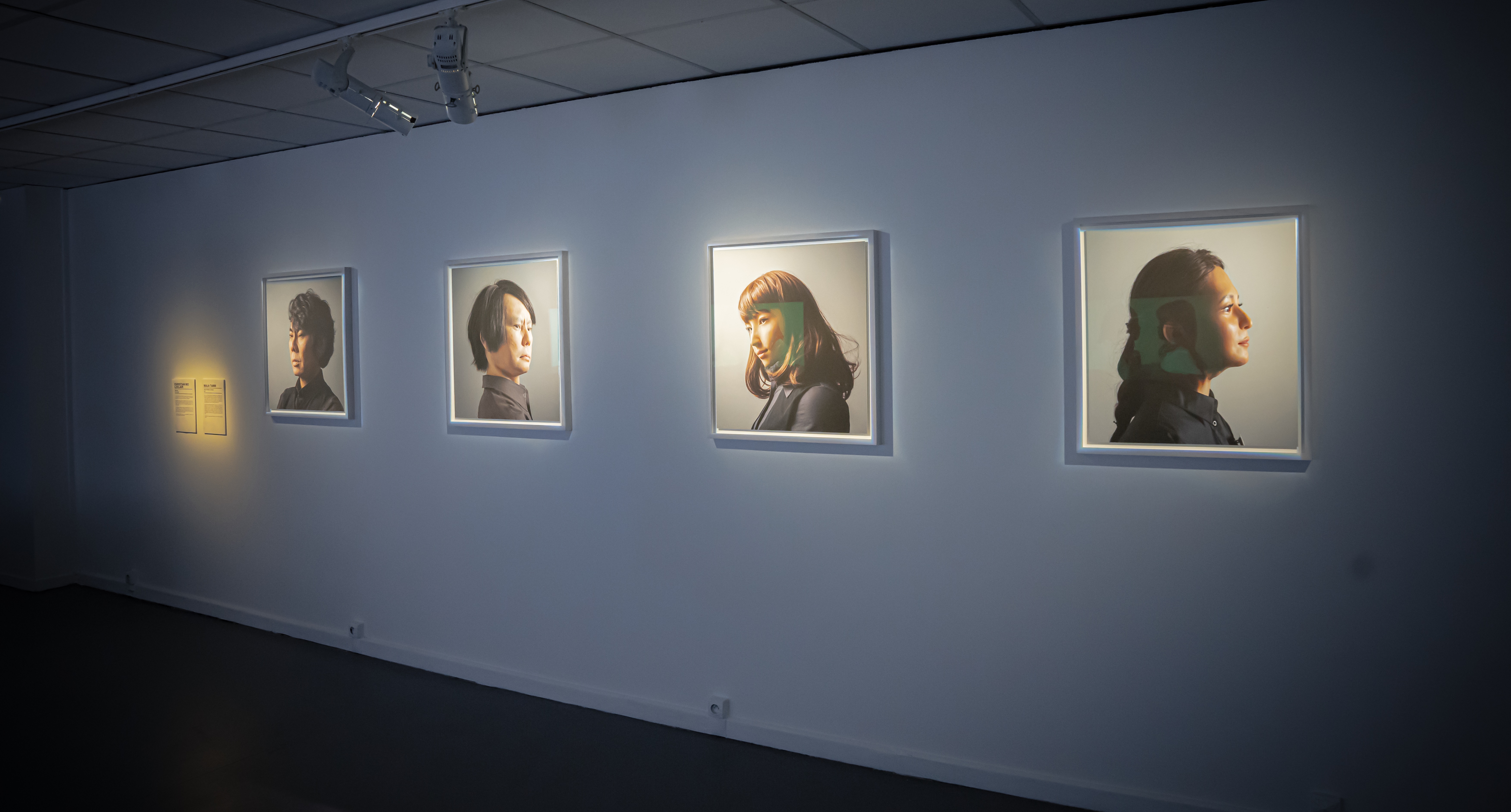 Maija Tammi, »One of Them Is a Human, #1-4«, 2017. On display are four portraits, showing different people, on one wall. 