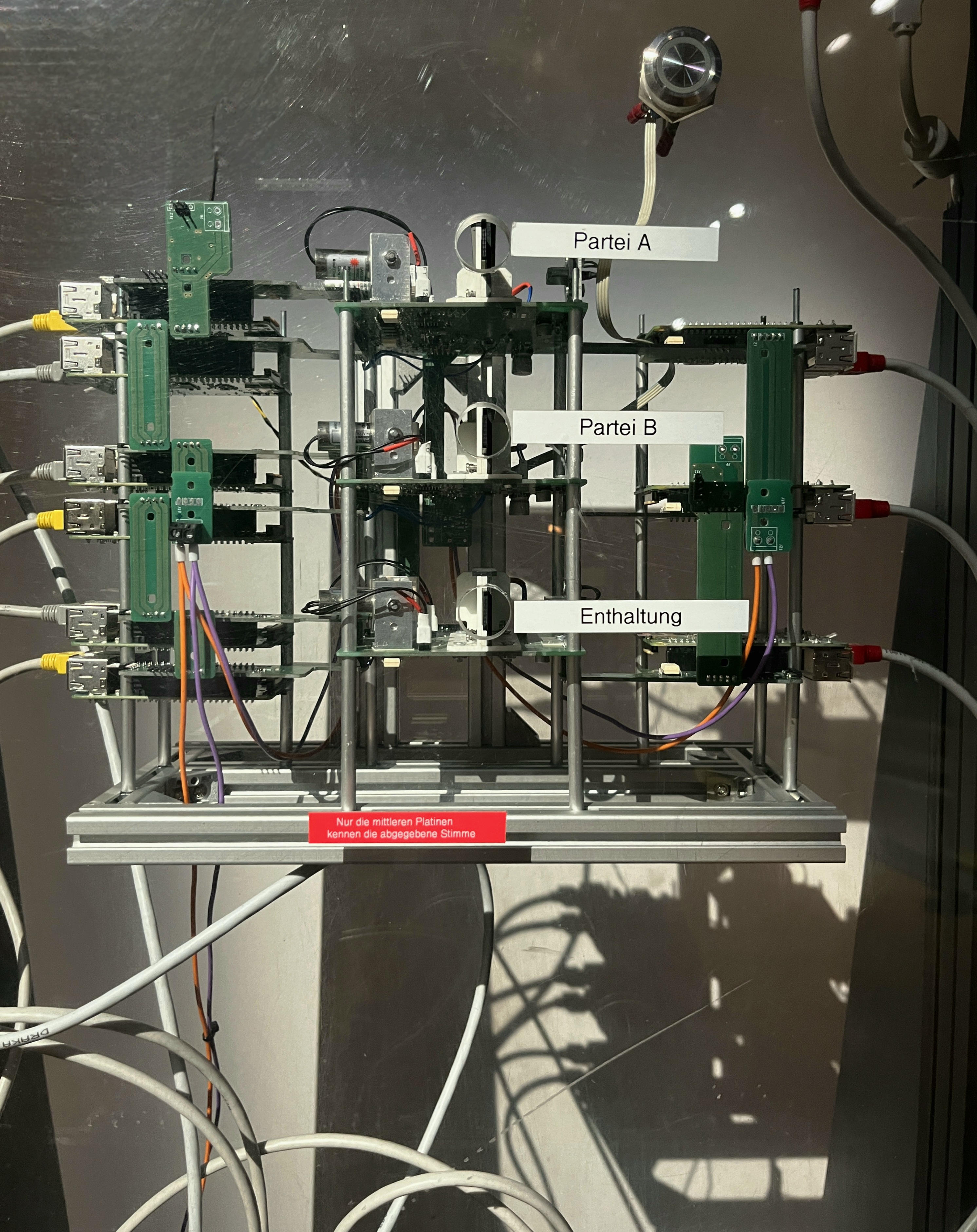 The picture shows a close-up of "Die Unwissende Wahlmaschine" (The Ignorant Voting Machine). It shows the buttons with which voters can cast their vote for either "Party A", "Party B" or "Abstain". At the touch of a button, a panel snaps into place and ac