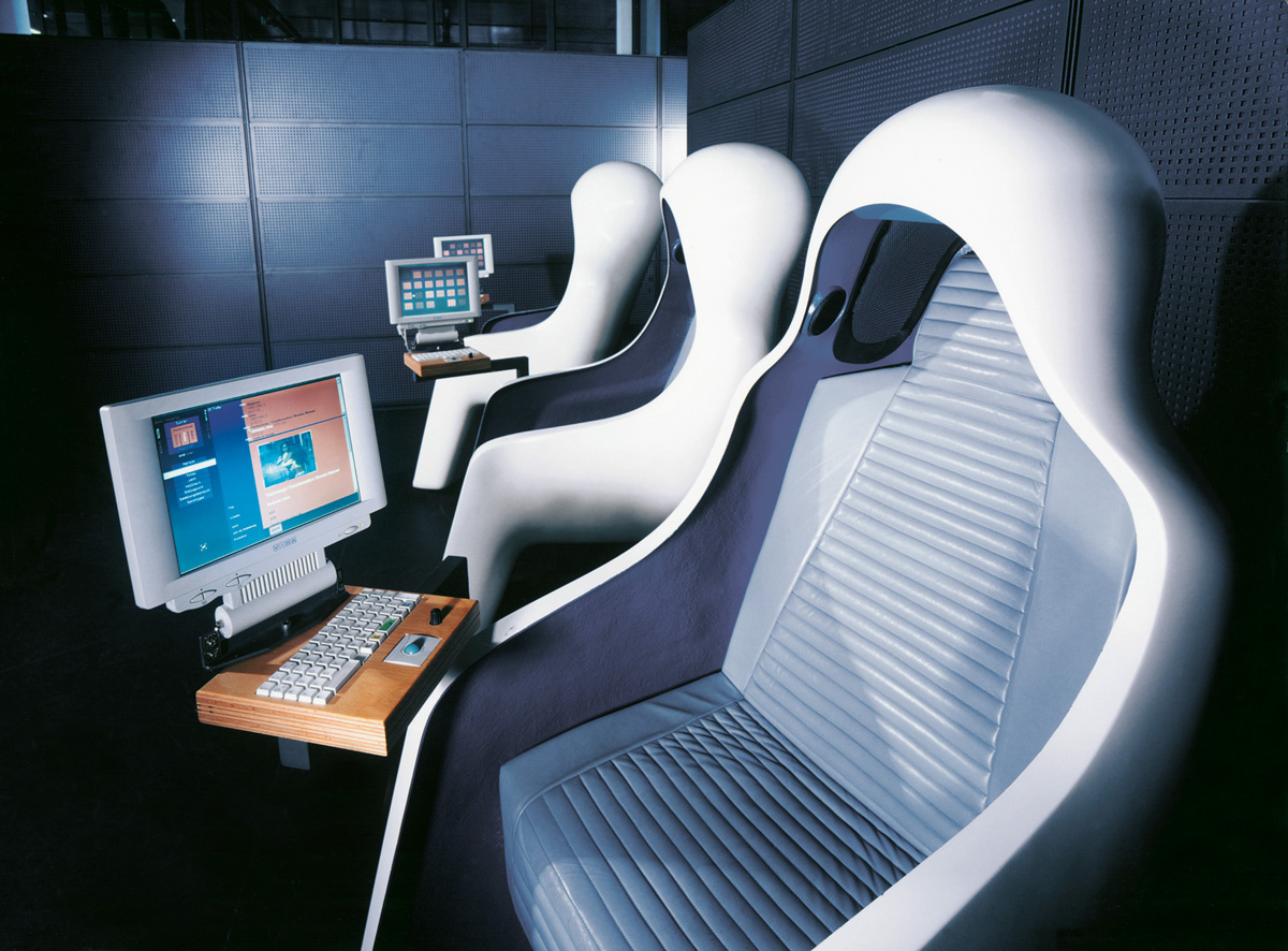 White hearing seats with a monitor