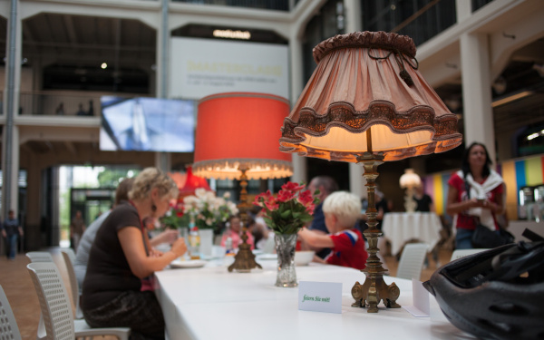 A long table with bright lights