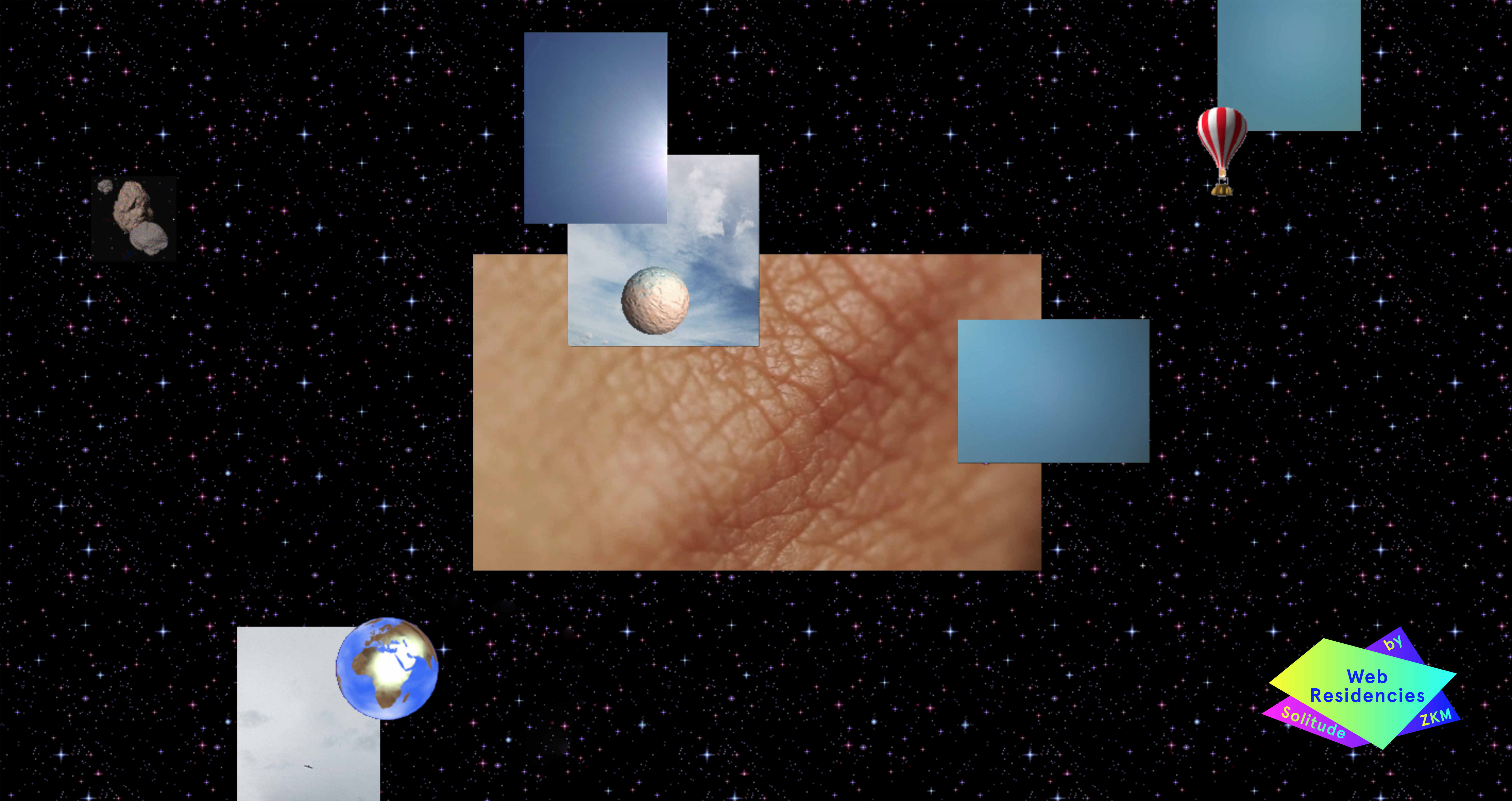 Various graphics, one of it depicting human wrinkled skin tissue, lie on a background of universe.