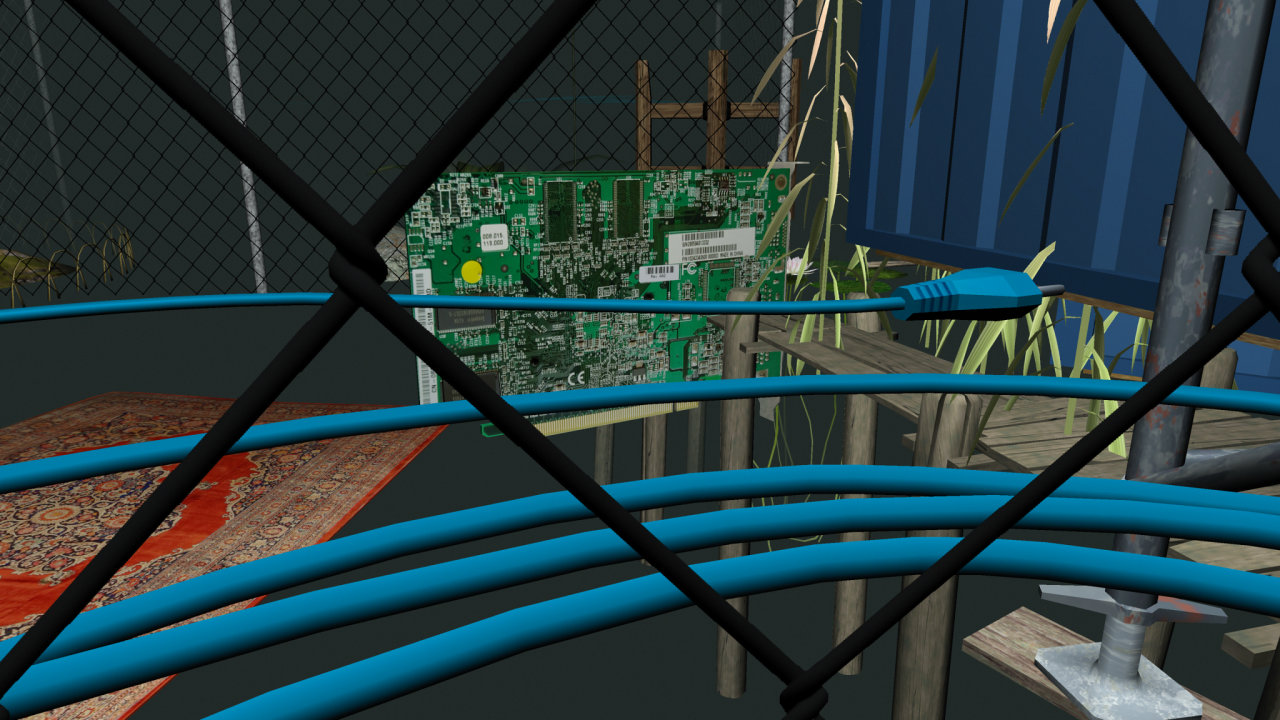 Digital animation of a dark room with a circuit board and a large blue cable