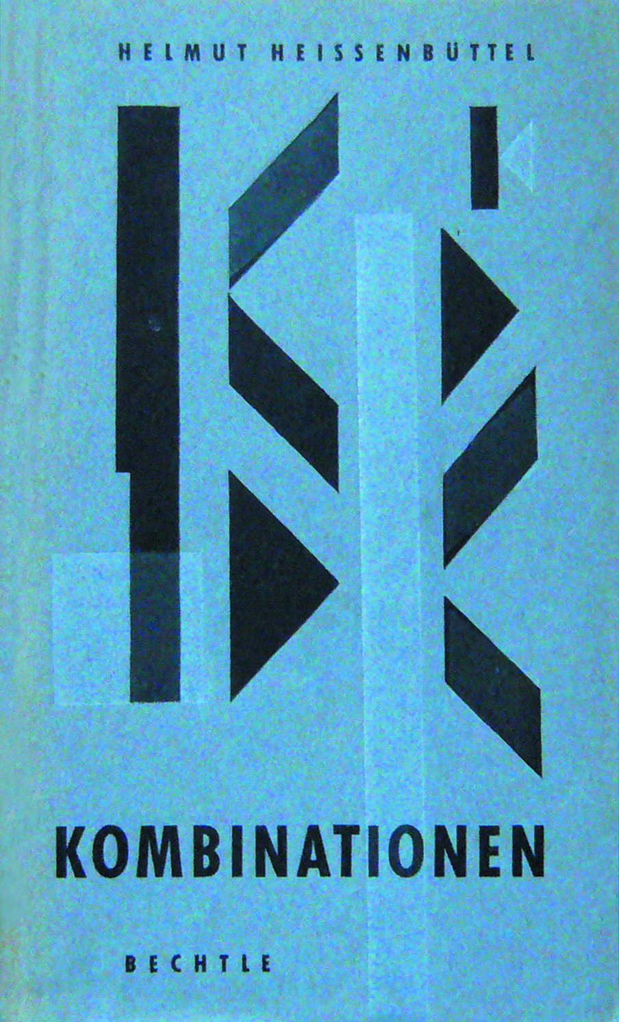 A blue book cover with black inscription and black geometric shapes.