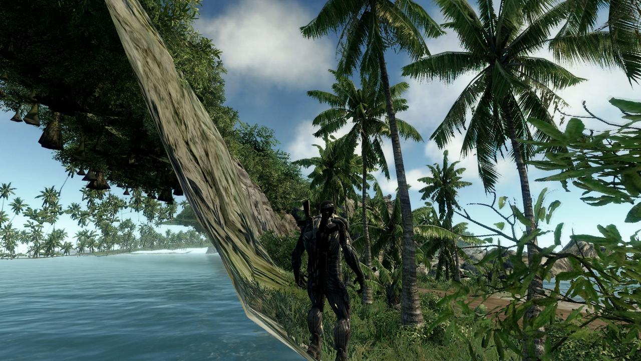 Digital representation of a tropical forest and a water surface with a dark figure in the middle of the picture