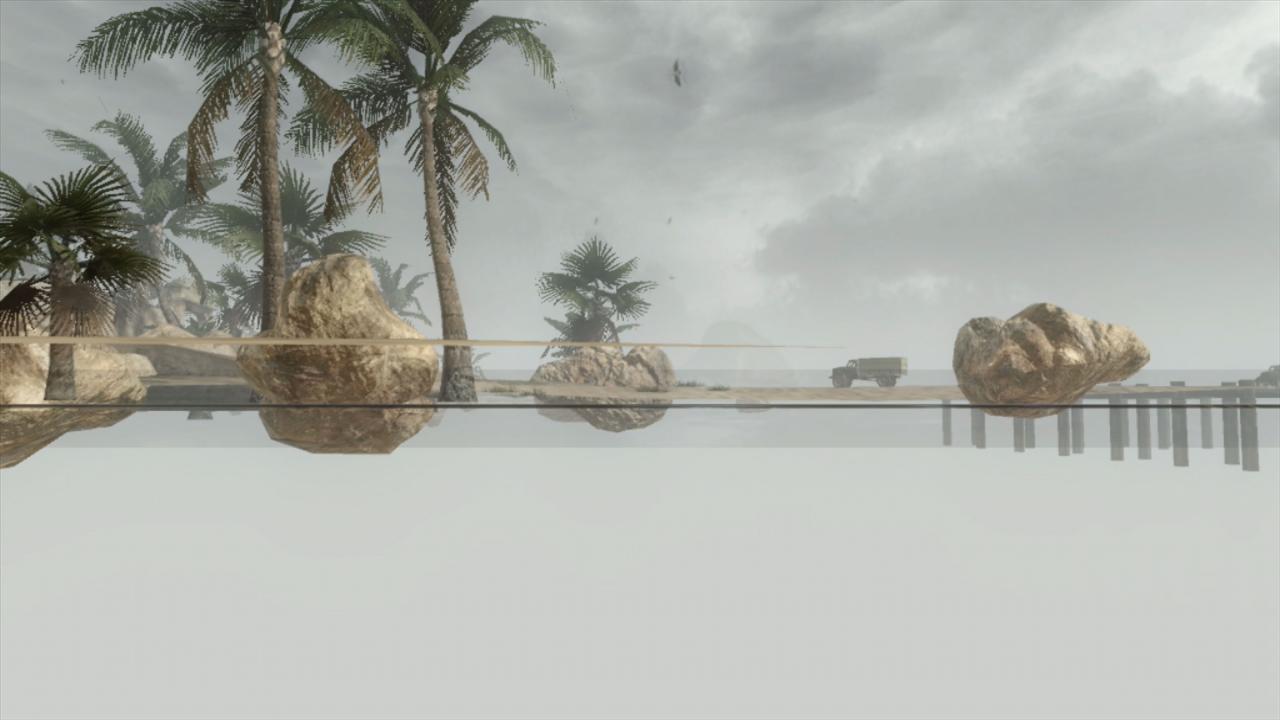 Digital representation of a landscape with palm trees, large stones and a grey sky