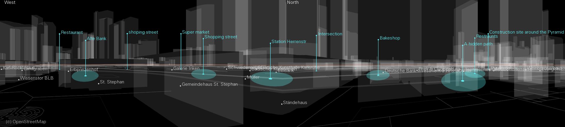 Graphical representation of the Karlsruhe skyline with various selected locations