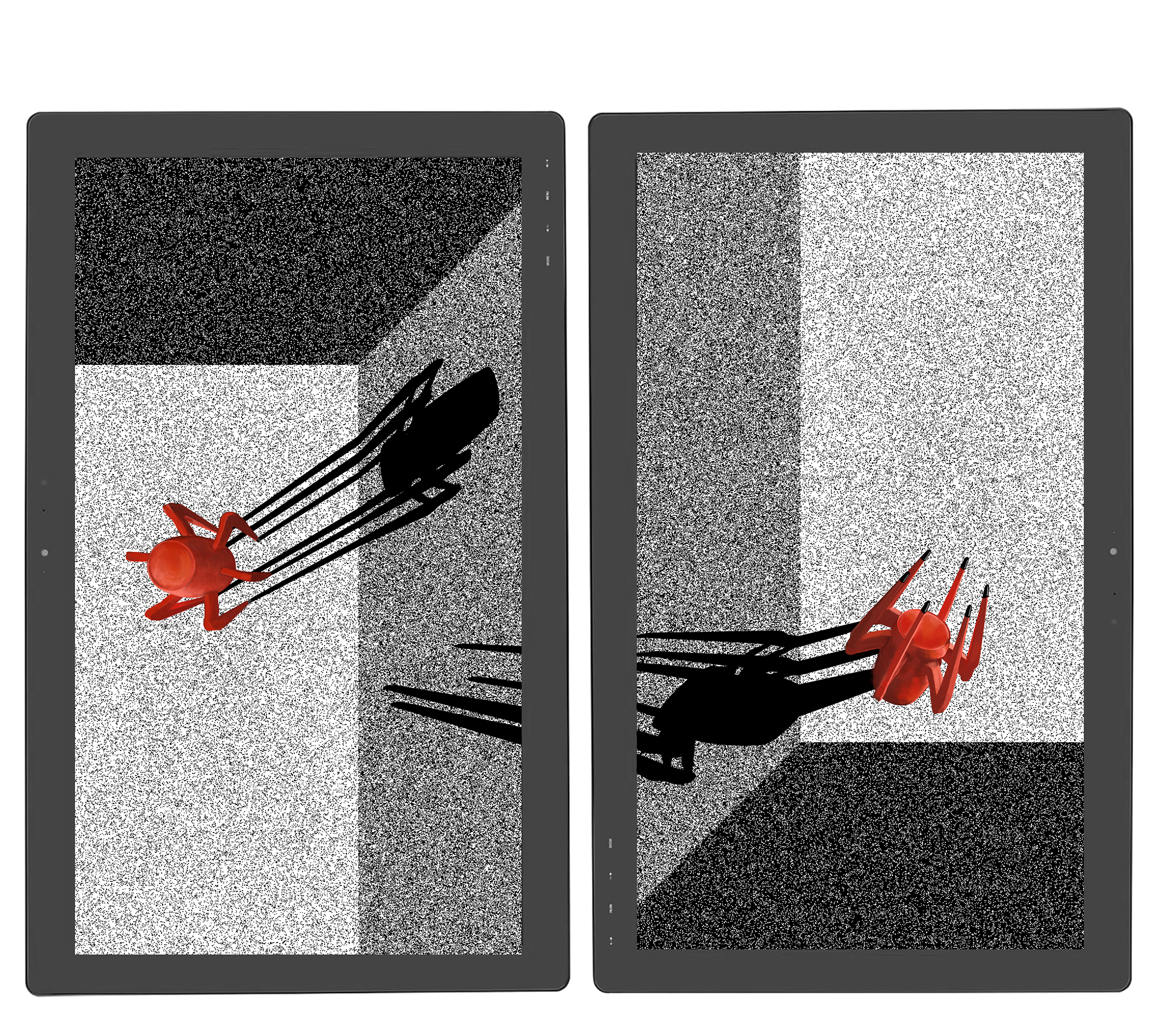 Two rectangular drawings in different shades of grey with a spider-like red figure cast a large shadow 