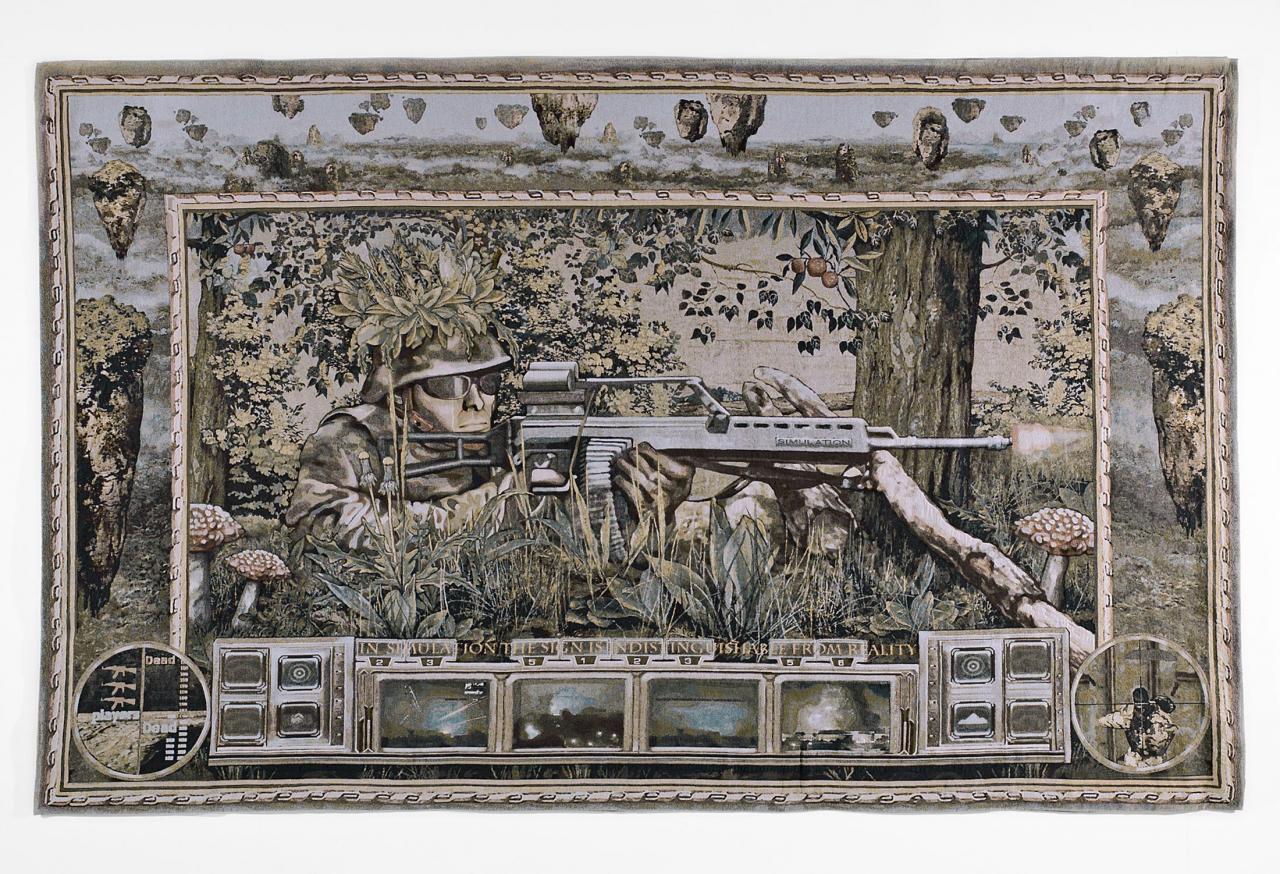 Woven representation of a lying soldier with rifle in a forest landscape