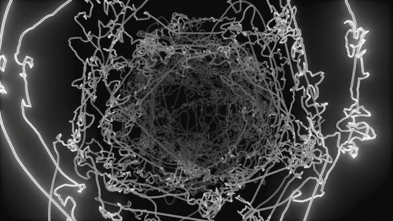 Leuchtend weisse Linienstruktur auf schwarzem Grund