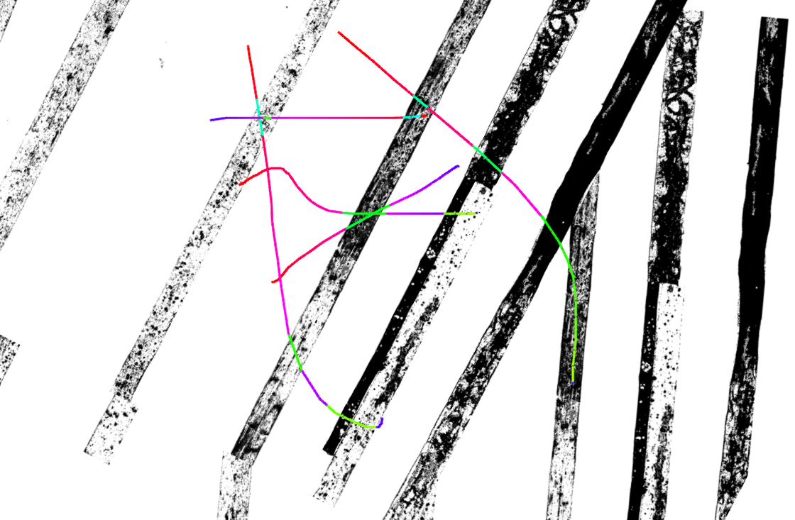 Graphical representation of diagonal black bars with colored lines between them 