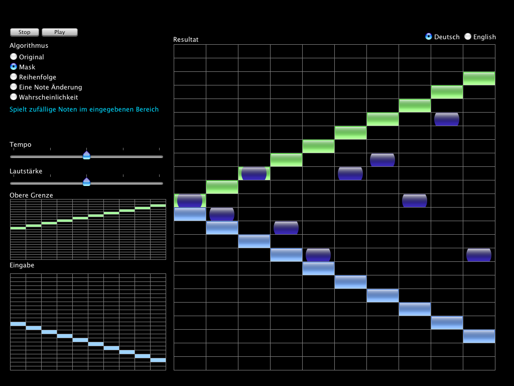 Graphical representation of a random machine playing random notes of a selected algorithm 