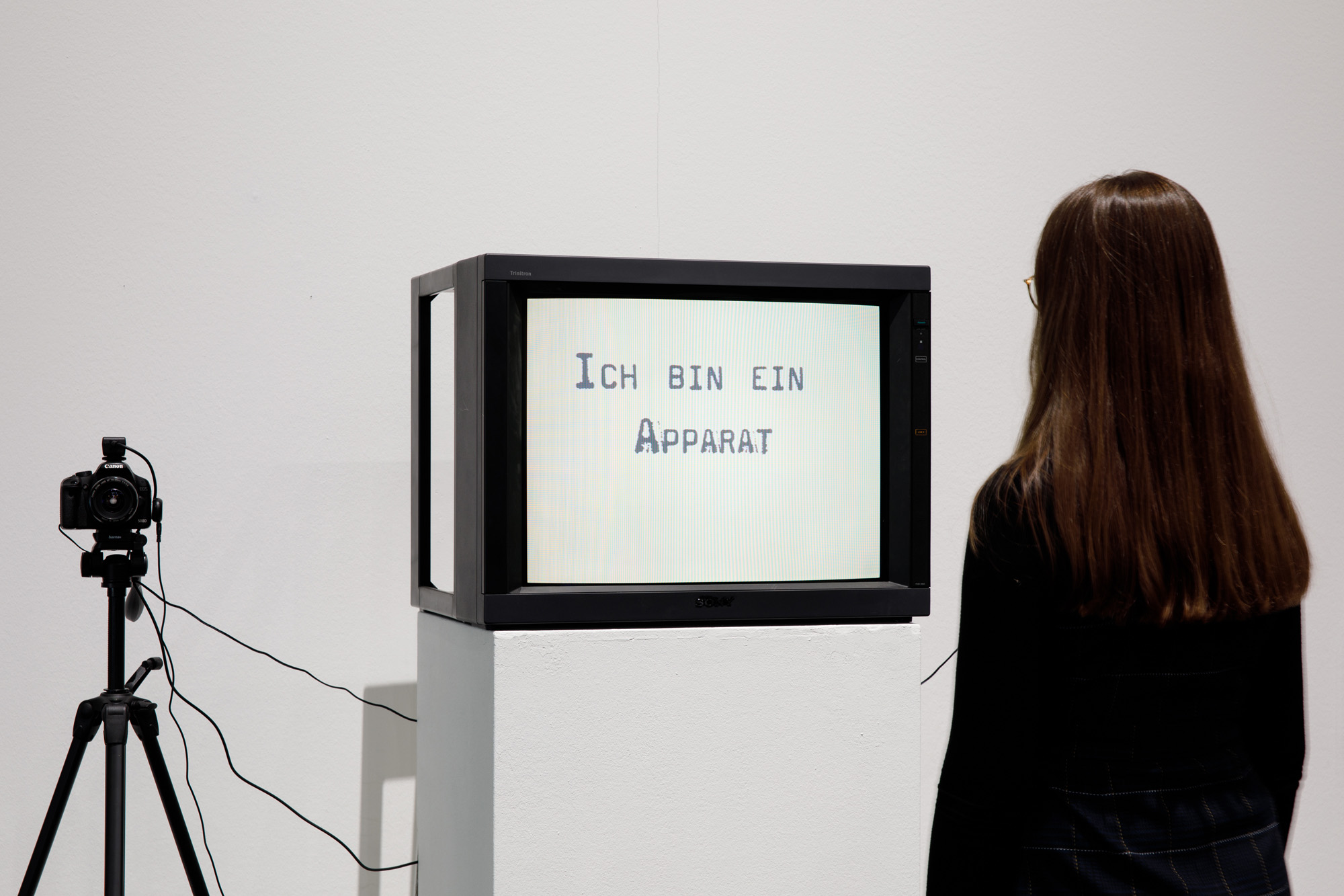 On the left a photo camera. in the middle at eye level a television screen. On the display the inscription: »Ich bin ein Apparat« (I am an apparatus). On the right there is a brown-haired woman, looking at the screen, her back to the viewer.