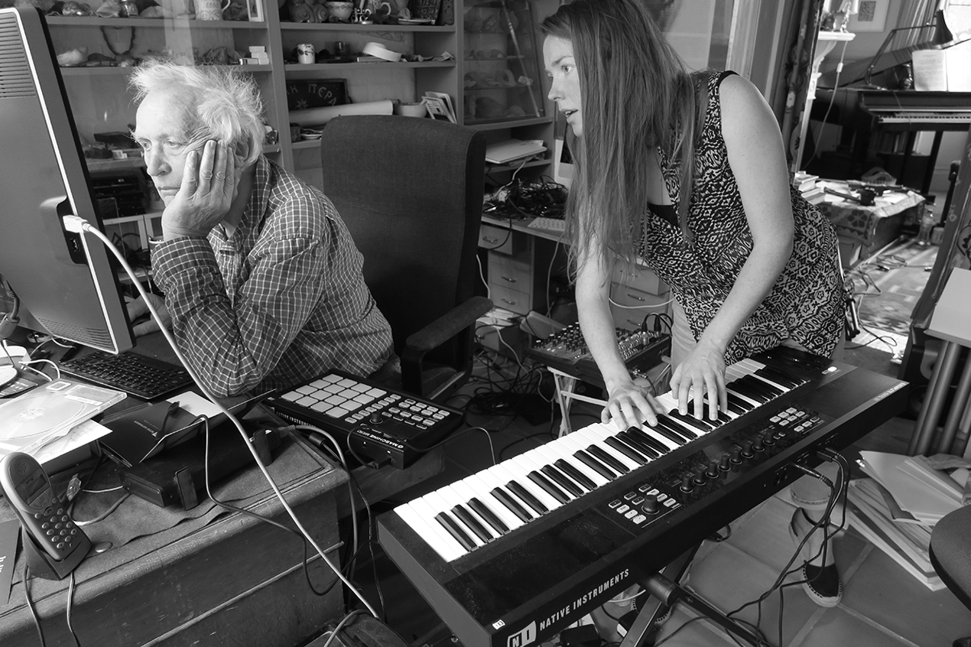 Peter Zinovieff and Lucy Railton working on their music project RFG