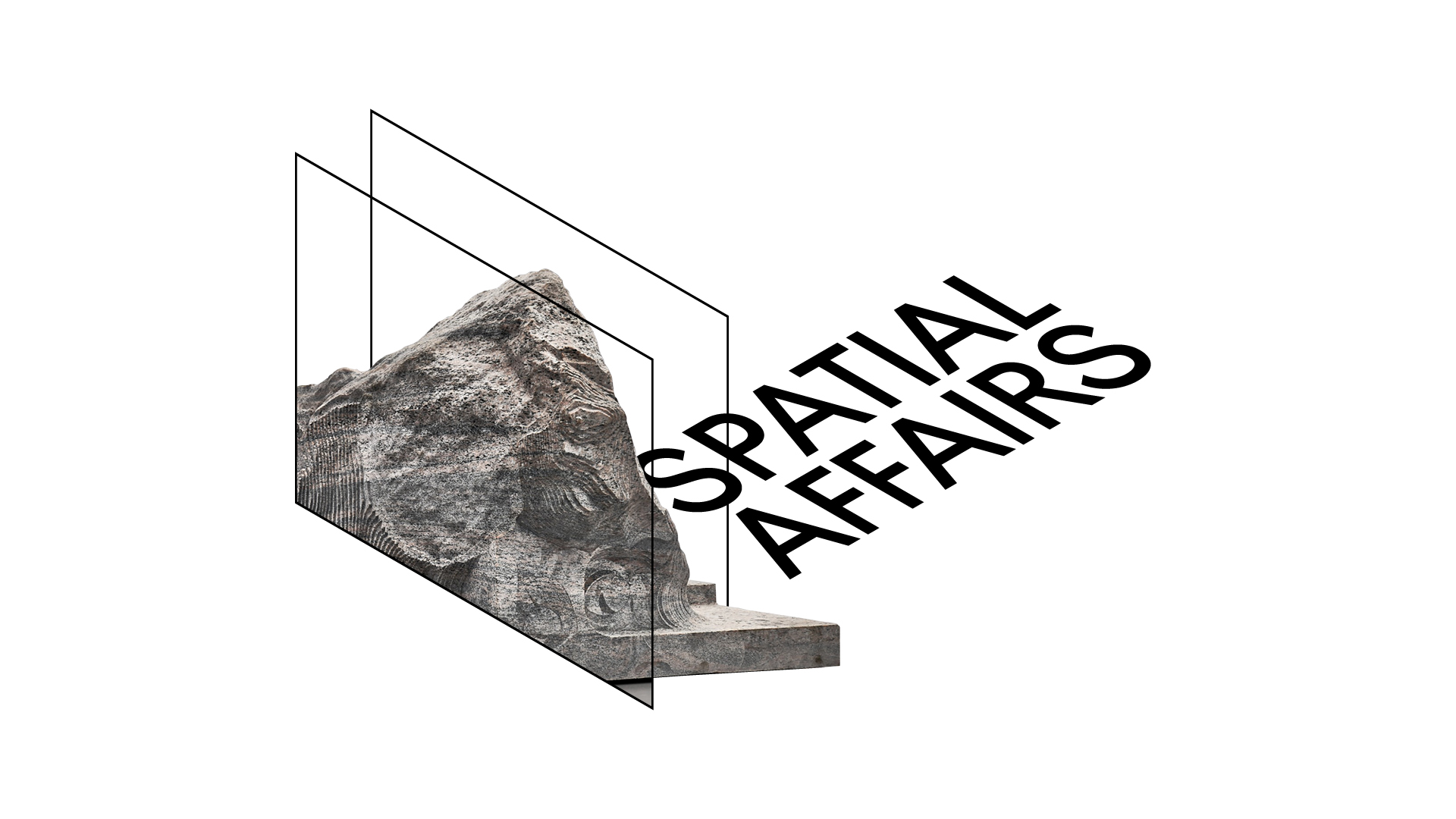 Lettering »Spatial Affairs« in spatial black lettering, next to an excerpt from a work by Alicja Kwade: atwo-dimensional image of a rock.