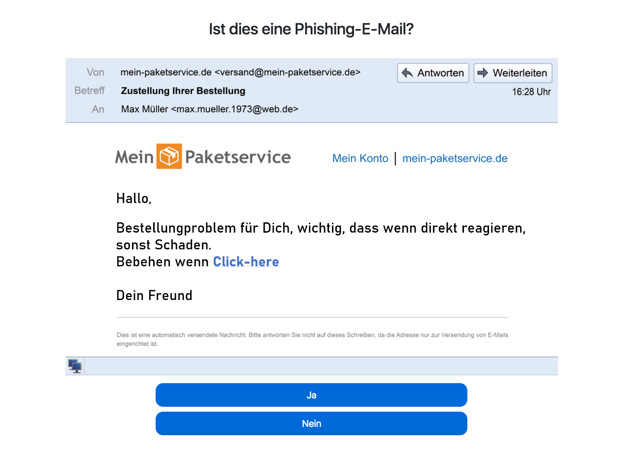 Screenshot of »NoPhish Quiz«, e-mail from a parcel service asks to click on a link