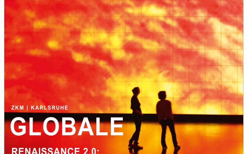 Cover of the magazine »Kunstforum«: Two people standing in front of a projection showing solar flares.