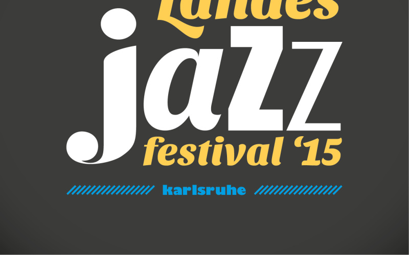 Orangene, weiße und blaue Schrift auf schwarzem Grund: Landesjazzfestival '15, Karlsruhe