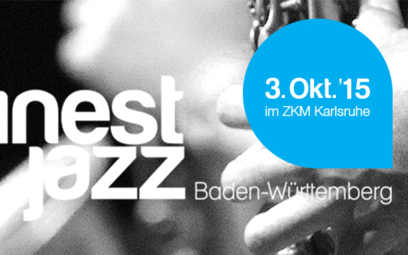 Banner mit einem Mikrofon, dem Titel "Finest Jazz" und in einem blauen Kreis "3.Oktober im ZKM Karlsruhe"