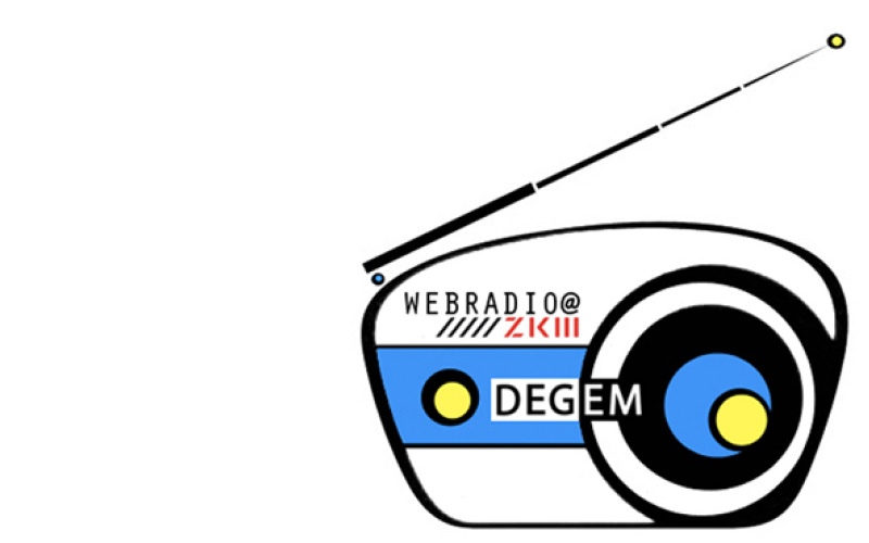 Stilisiertes Radiogerät in Schwarz, Weiß und Blau